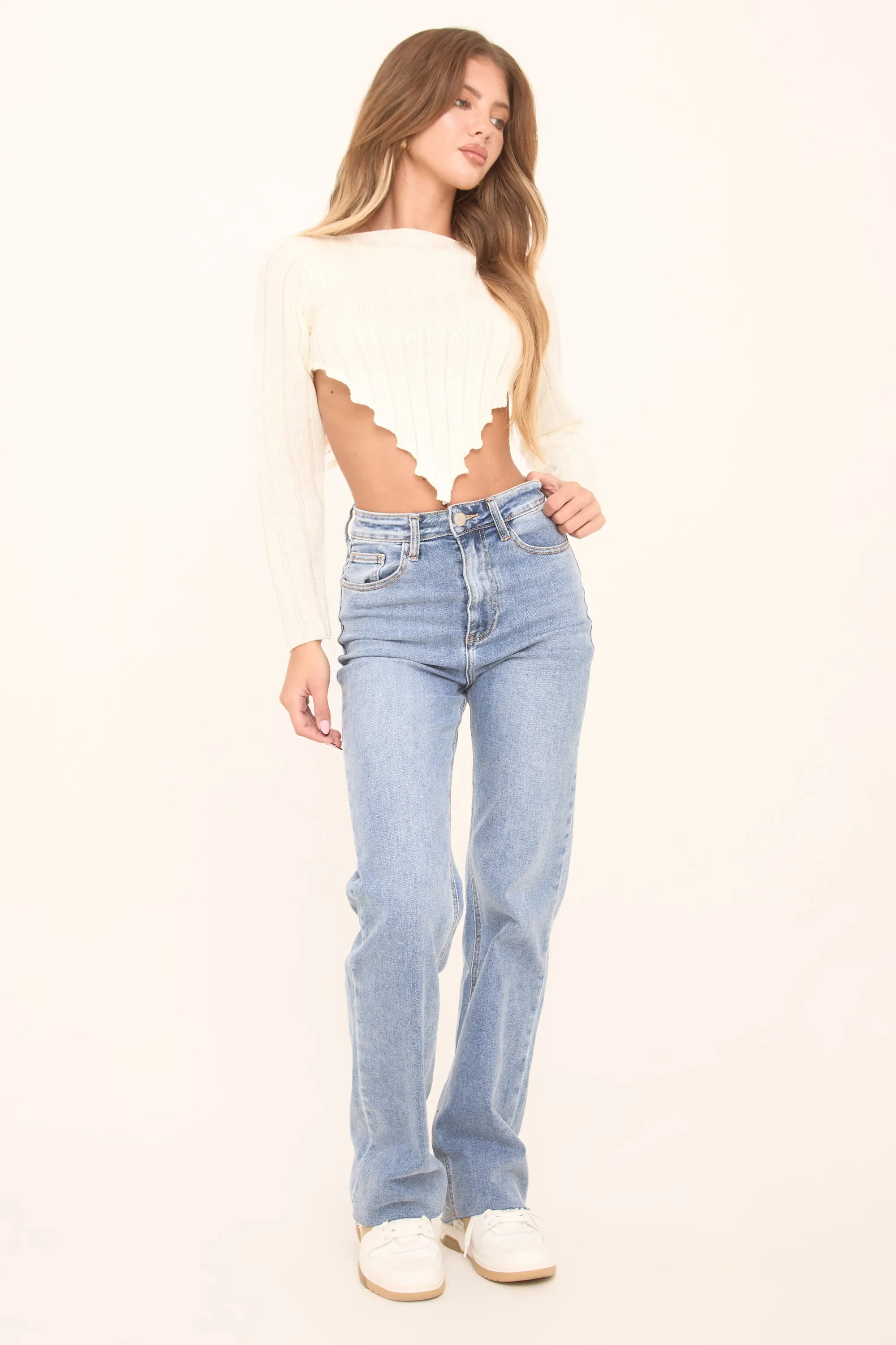 Mid Blue Washed Stretch Mid Waist Straight Leg Frayed Hem Denim Jeans - Venus sold by Rebellious Fashion product image thumbnail 3