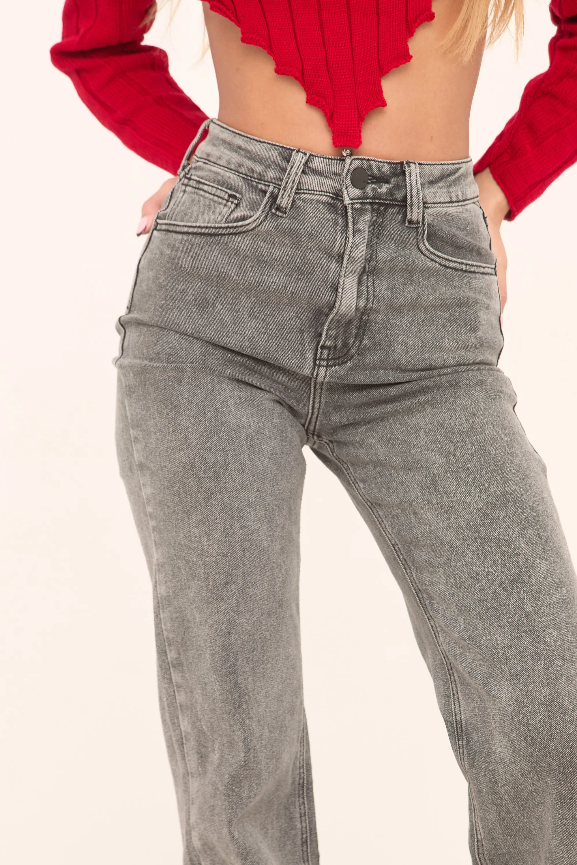 Charcoal Stretch Mid Waist Straight Leg Frayed Hem Denim Jeans - Venus sold by Rebellious Fashion product image thumbnail 4