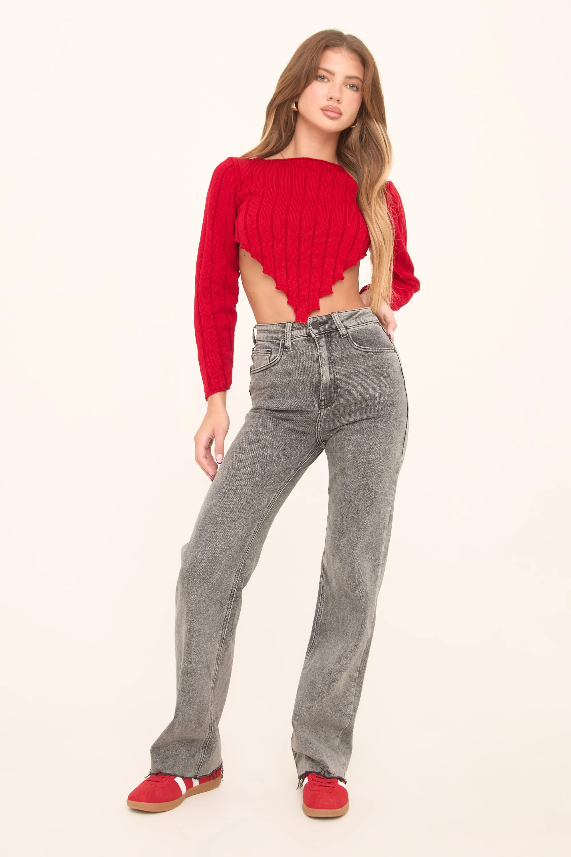 Charcoal Stretch Mid Waist Straight Leg Frayed Hem Denim Jeans - Venus sold by Rebellious Fashion