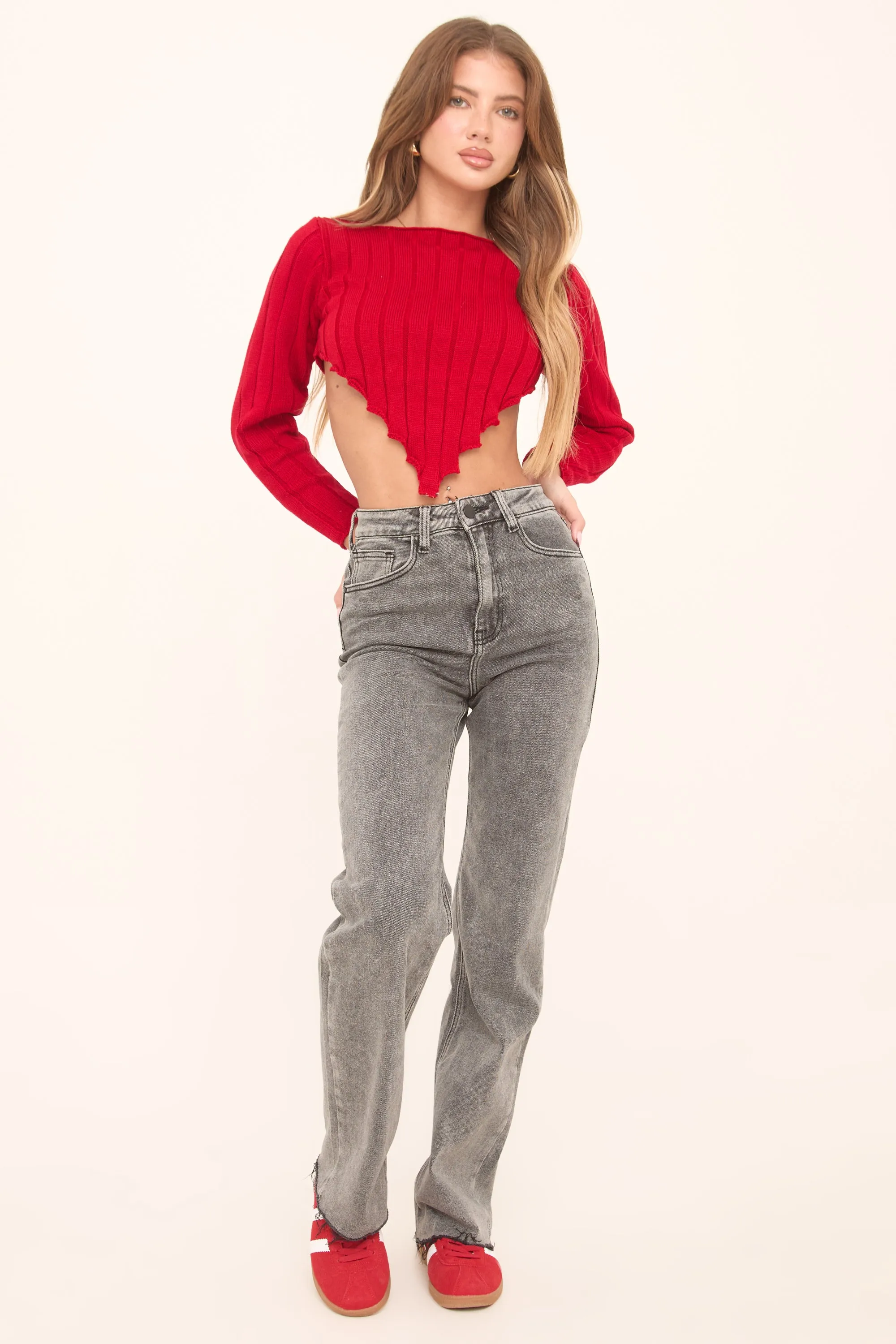 Charcoal Stretch Mid Waist Straight Leg Frayed Hem Denim Jeans - Venus sold by Rebellious Fashion product image thumbnail 2