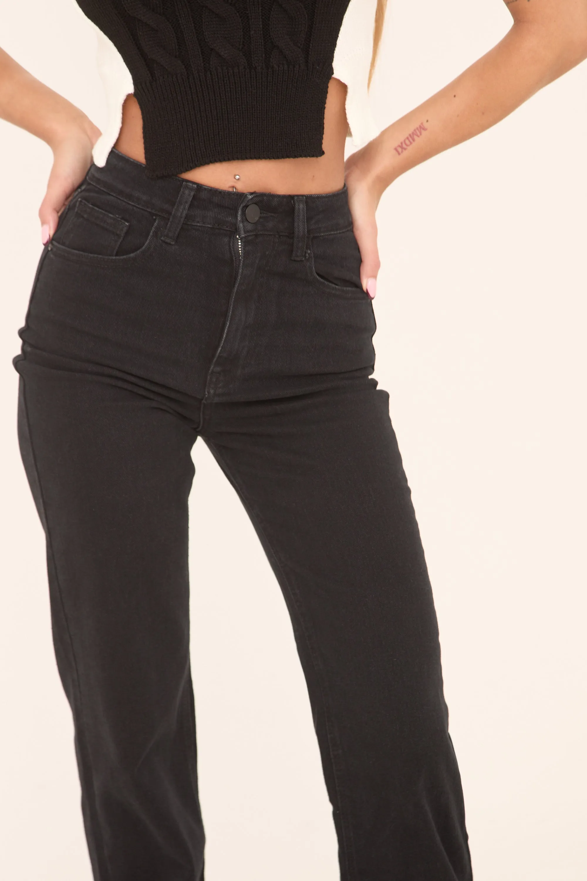 Black Stretch Mid Waist Straight Leg Frayed Hem Denim Jeans - Venus sold by Rebellious Fashion product image thumbnail 5