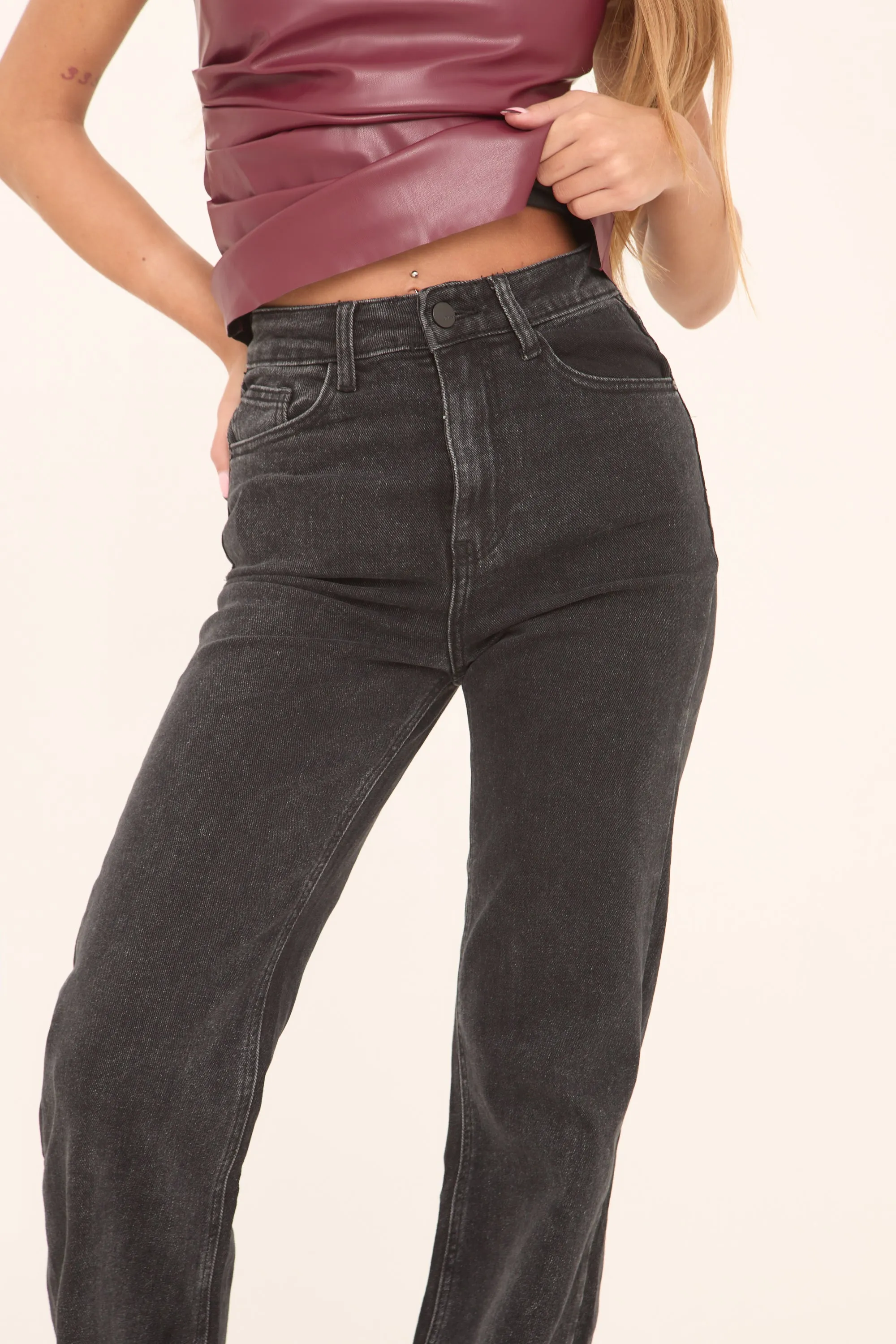 Washed Black Stretch Mid Waist Straight Leg Frayed Hem Denim Jeans - Venus sold by Rebellious Fashion product image thumbnail 4