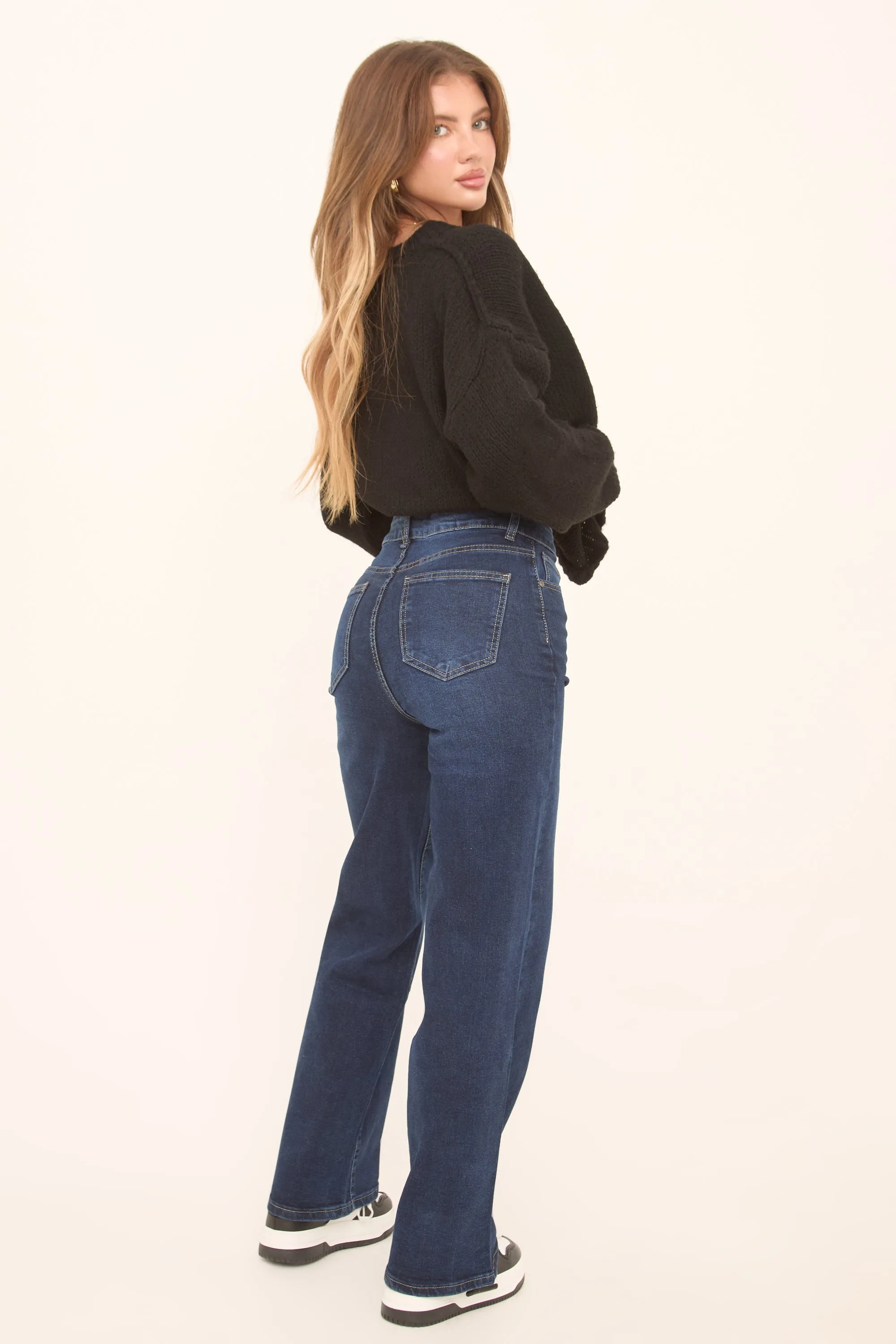 Dark Blue Stretch Wide Leg Denim Jeans - Lajoy sold by Rebellious Fashion product image thumbnail 5