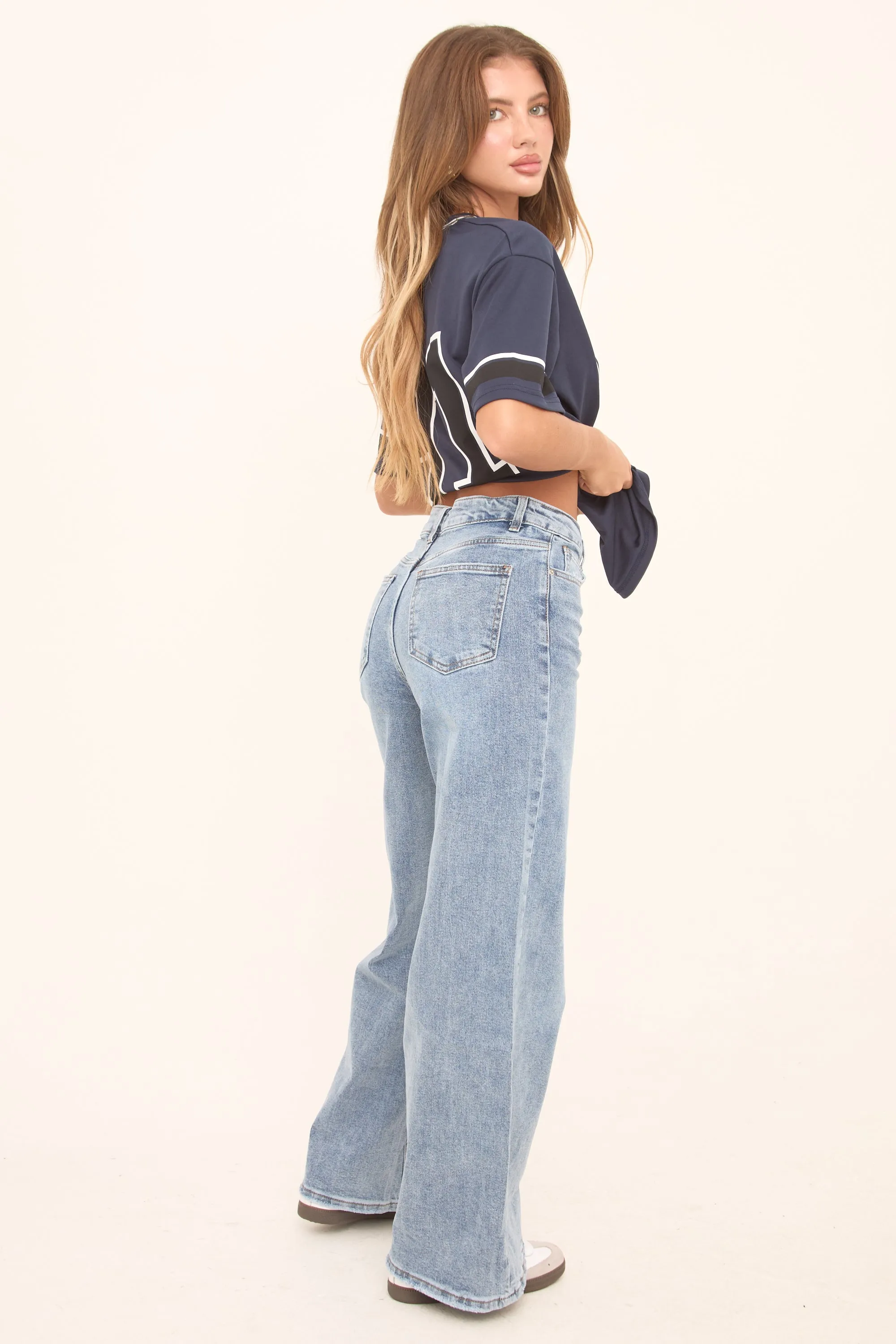 Light Blue Stretch Mid Waist Turn Up Hem Wide Leg Denim Jeans - Stacy sold by Rebellious Fashion product image thumbnail 5