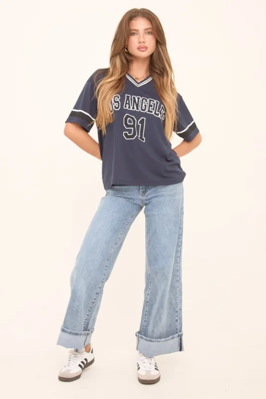 Light Blue Stretch Mid Waist Turn Up Hem Wide Leg Denim Jeans - Stacy sold by Rebellious Fashion