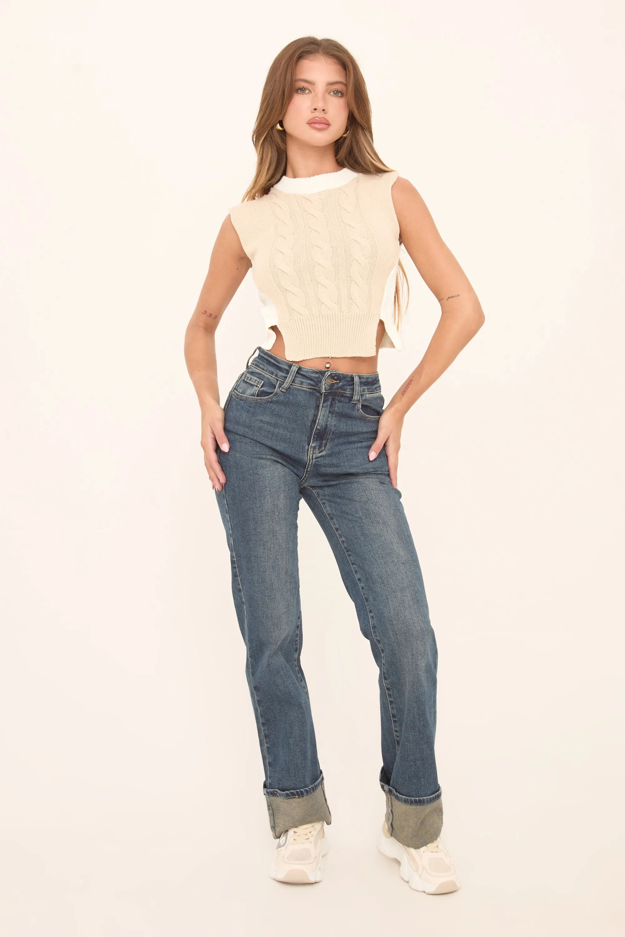 Mid Blue Stretch Turn up Hem Straight Leg Jeans - Moxie sold by Rebellious Fashion product image thumbnail 5