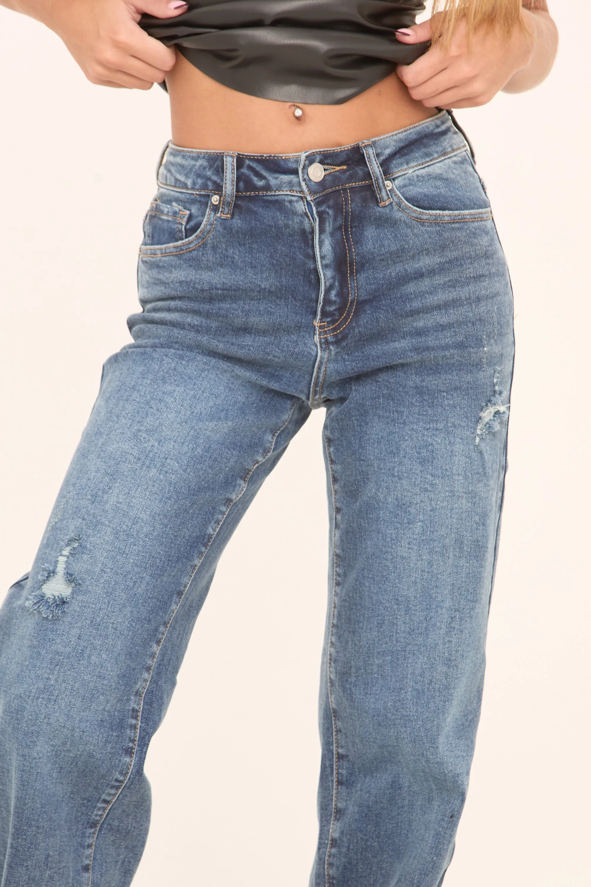 Mid Blue Stretch Distressed Straight Leg Denim Jeans - Zia sold by Rebellious Fashion product image thumbnail 4