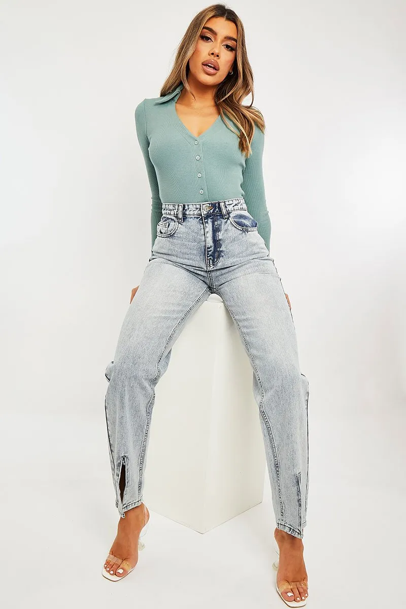 Blue Wash Split Front Straight Jeans - Lilyrose sold by Rebellious Fashion product image thumbnail 3