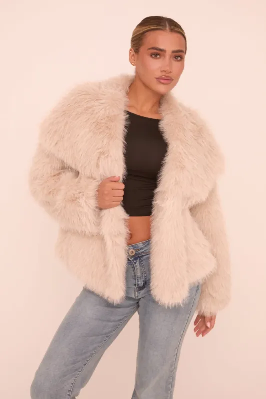 Beige Faux Fur Long Sleeves Cropped Coat - Halo sold by Rebellious Fashion