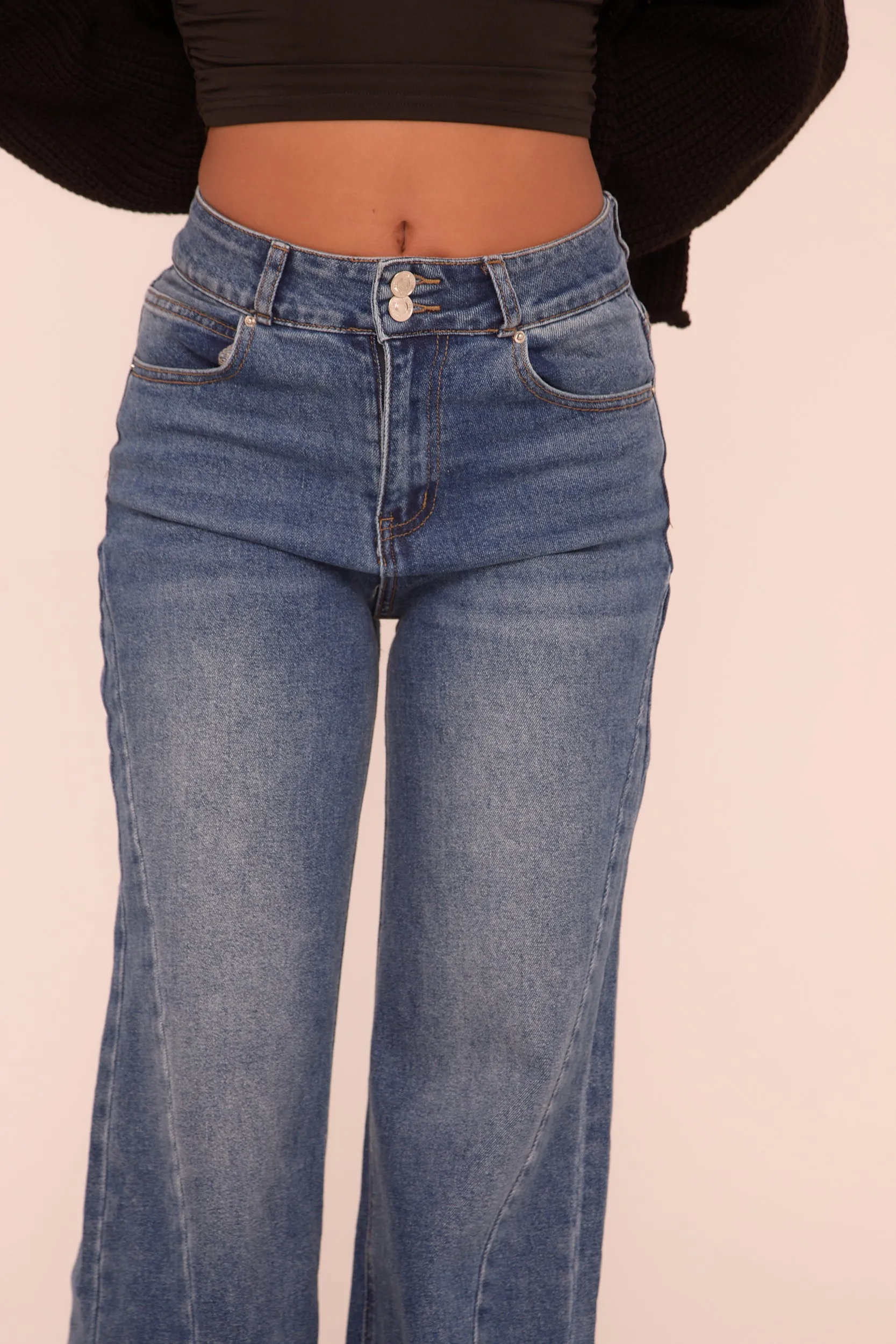 Mid Blue Stretch Seam Detail Wide Leg Denim Jeans - Lyra sold by Rebellious Fashion product image thumbnail 4