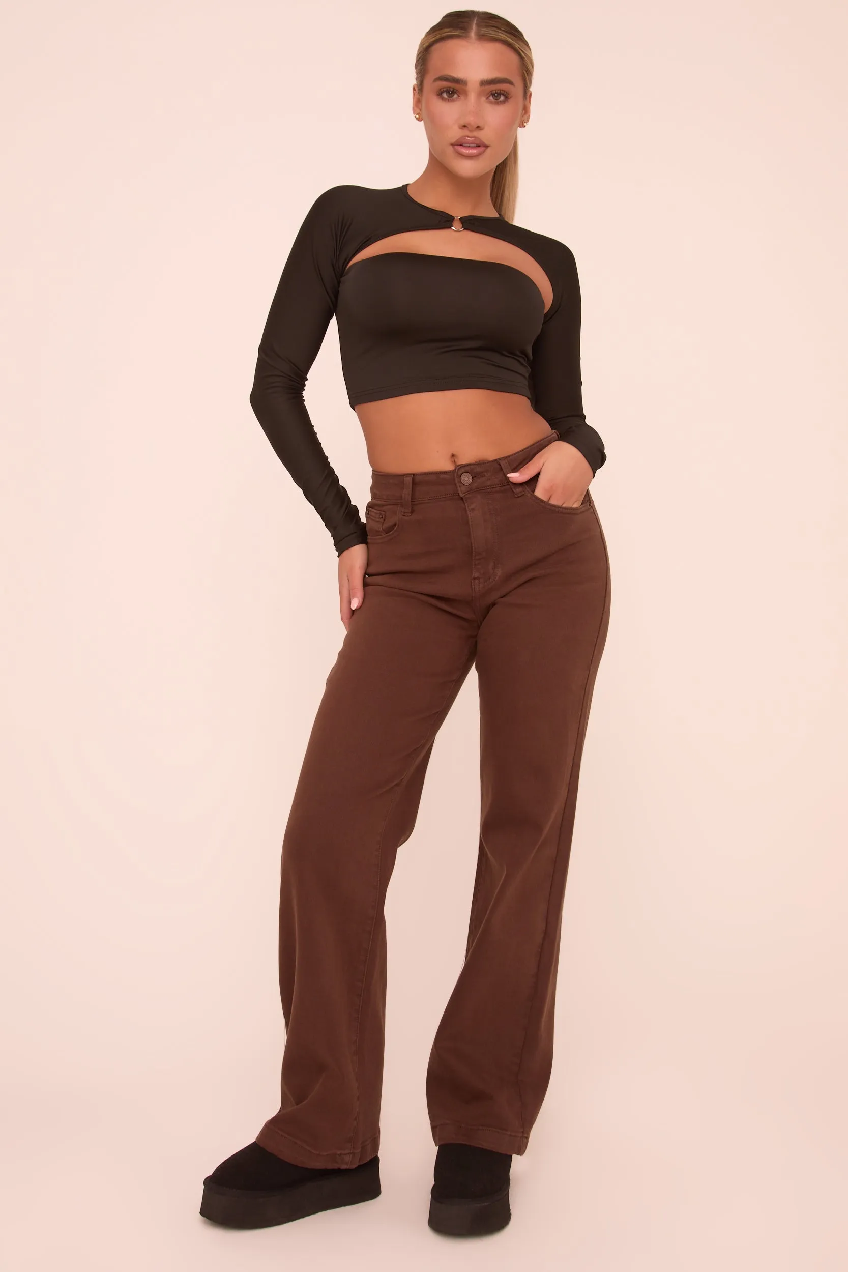 Brown Stretch Mid Waist Straight Leg Denim Jeans - Misha sold by Rebellious Fashion