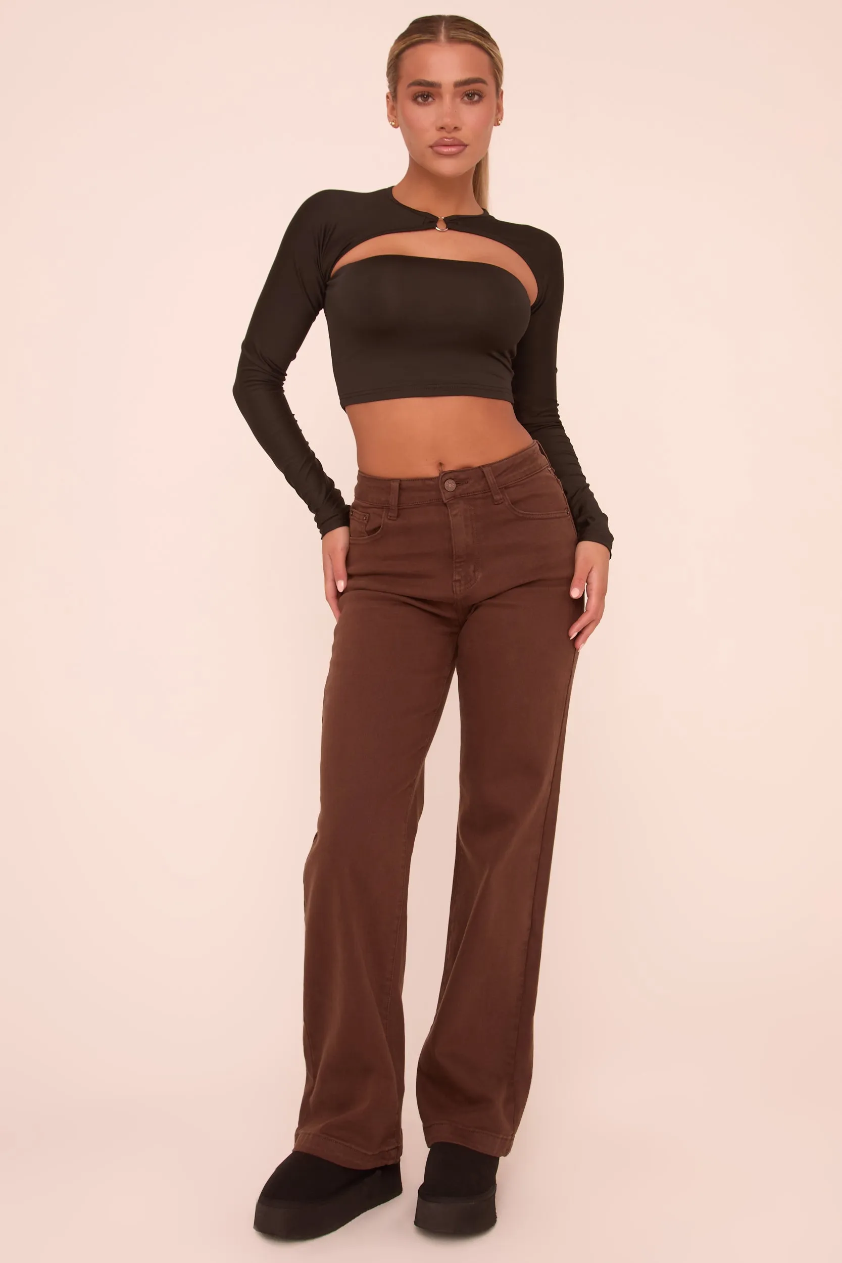 Brown Stretch Mid Waist Straight Leg Denim Jeans - Misha sold by Rebellious Fashion product image thumbnail 3