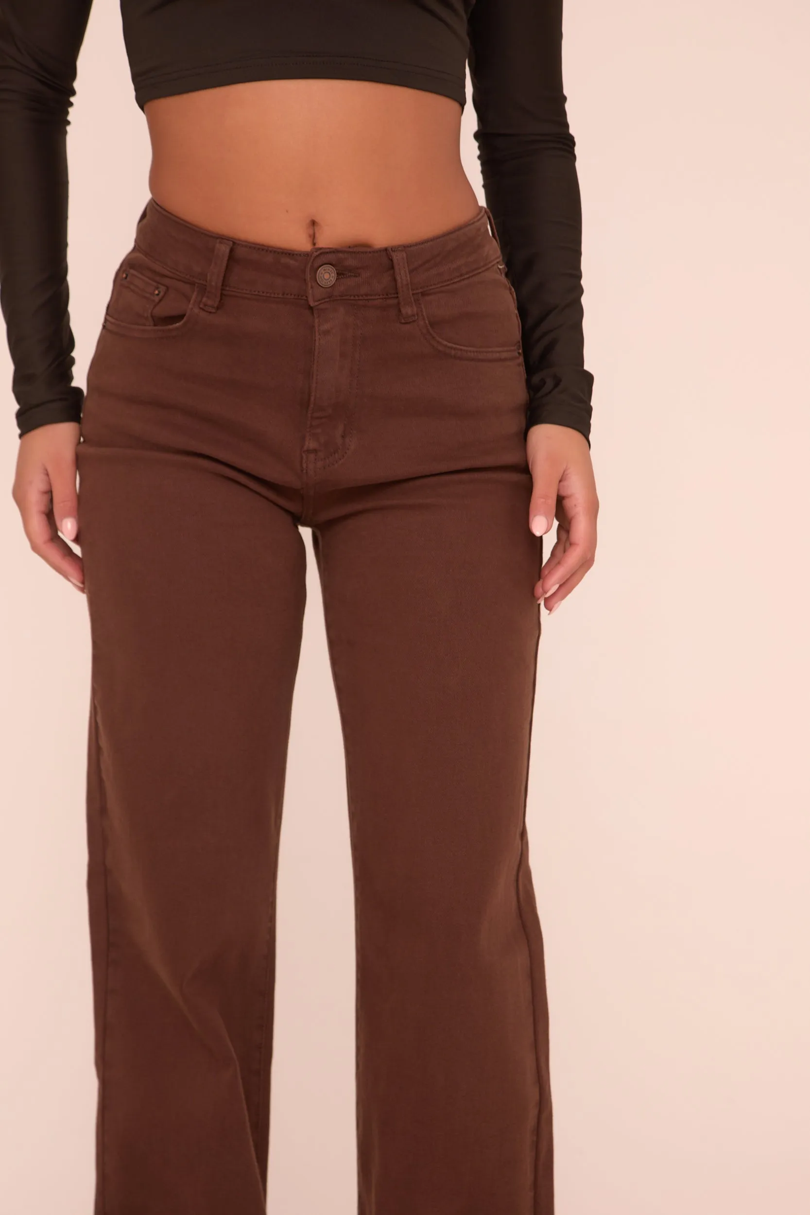 Brown Stretch Mid Waist Straight Leg Denim Jeans - Misha sold by Rebellious Fashion product image thumbnail 4
