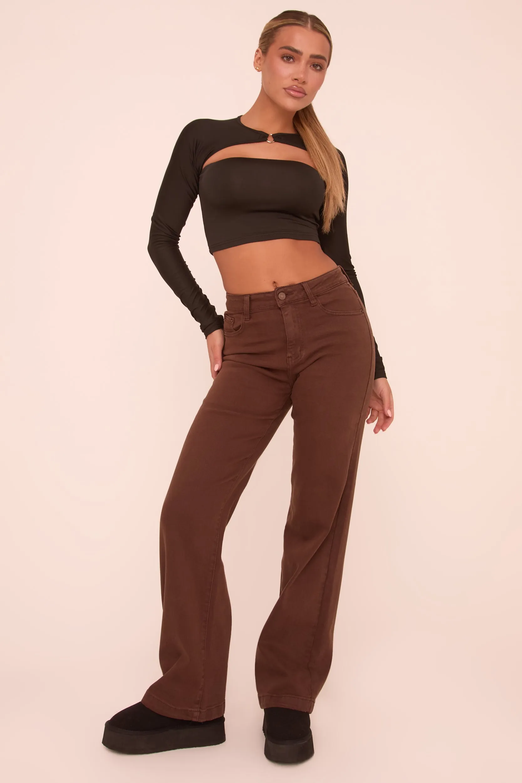 Brown Stretch Mid Waist Straight Leg Denim Jeans - Misha sold by Rebellious Fashion product image thumbnail 2