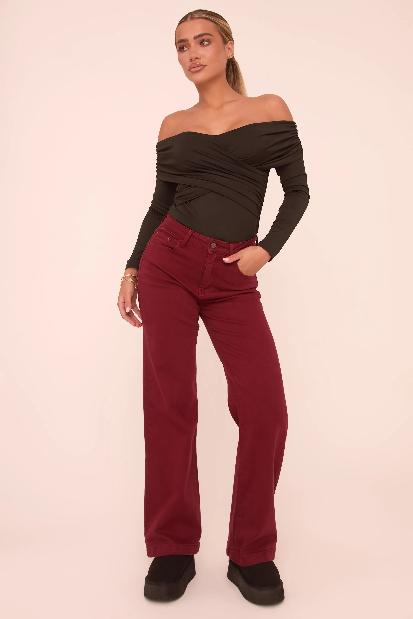 Burgundy Stretch Mid Waist Straight Leg Denim Jeans - Misha sold by Rebellious Fashion