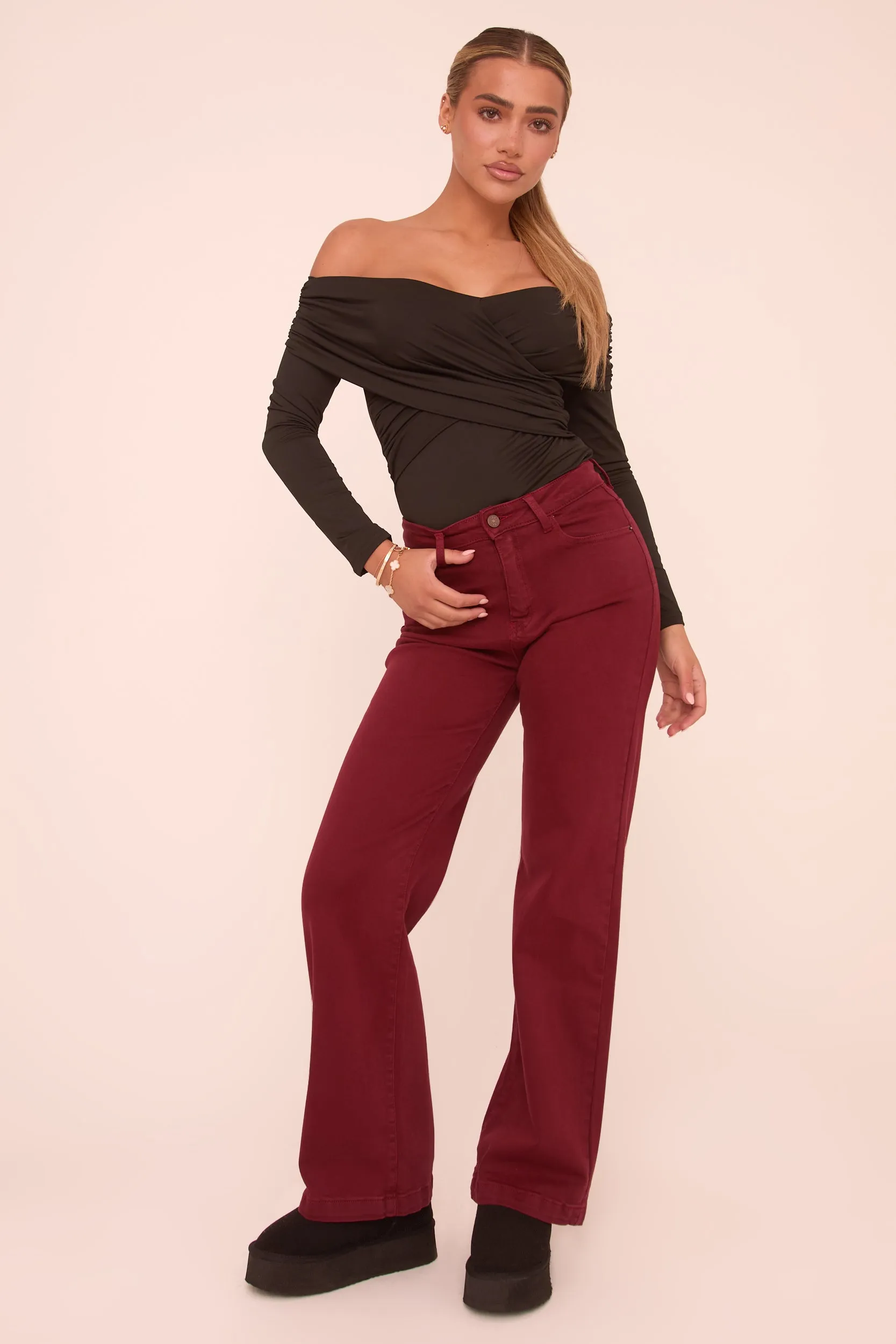 Burgundy Stretch Mid Waist Straight Leg Denim Jeans - Misha sold by Rebellious Fashion product image thumbnail 3