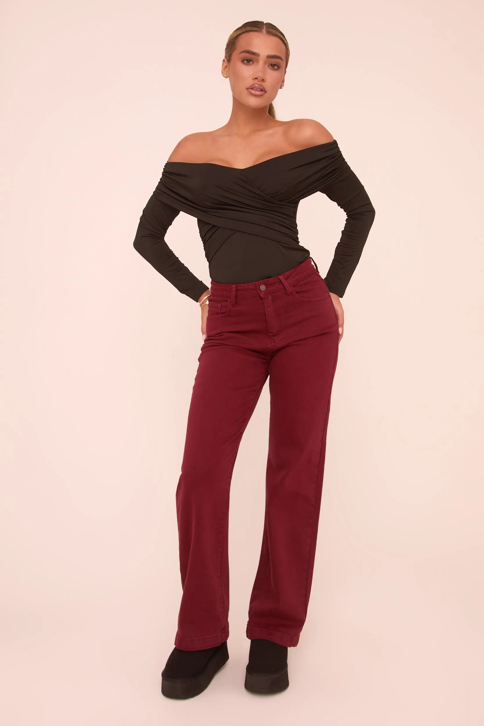 Burgundy Stretch Mid Waist Straight Leg Denim Jeans - Misha sold by Rebellious Fashion product image thumbnail 2