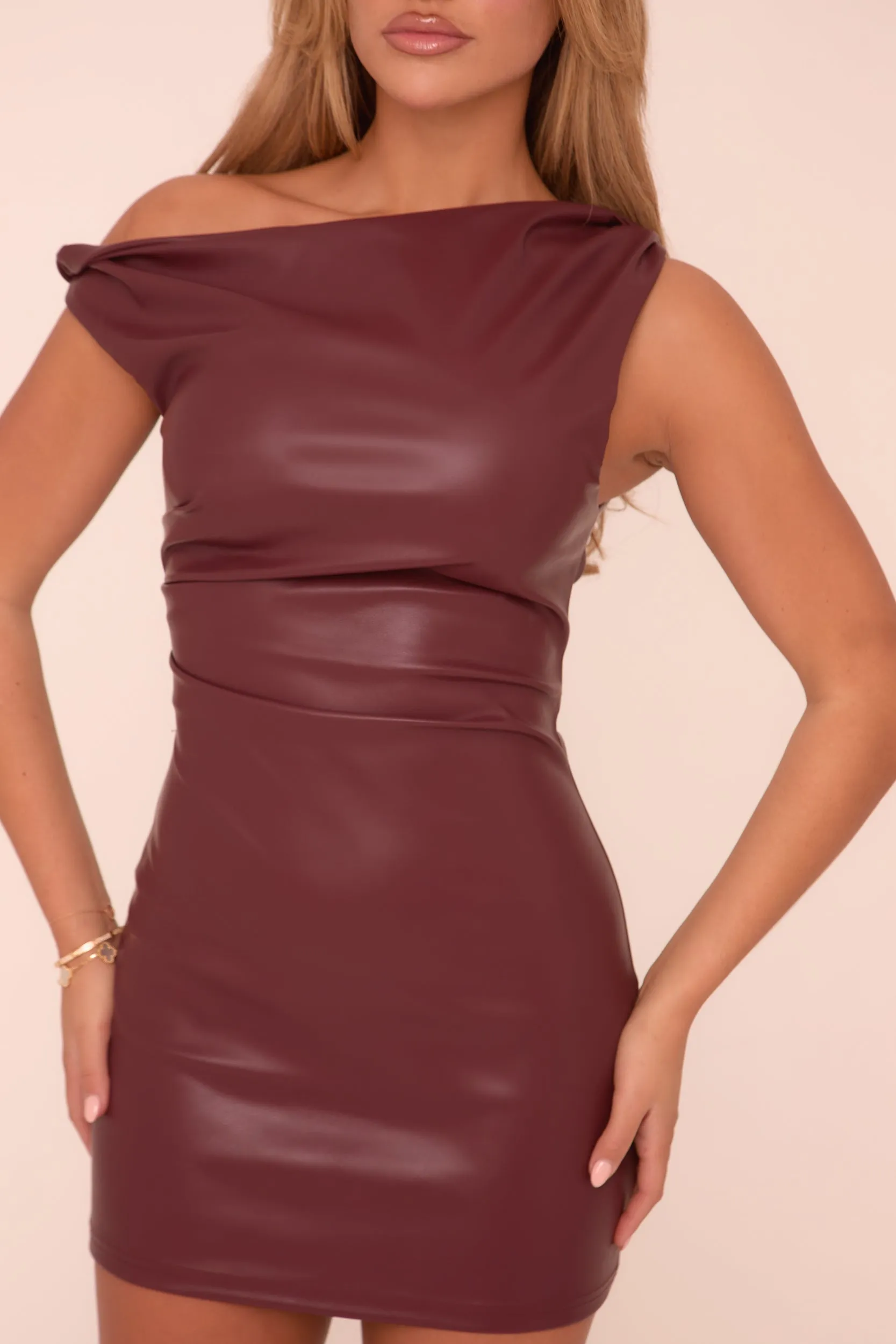 Burgundy Faux Leather One Shoulder Mini Dress - Kezia sold by Rebellious Fashion product image thumbnail 3