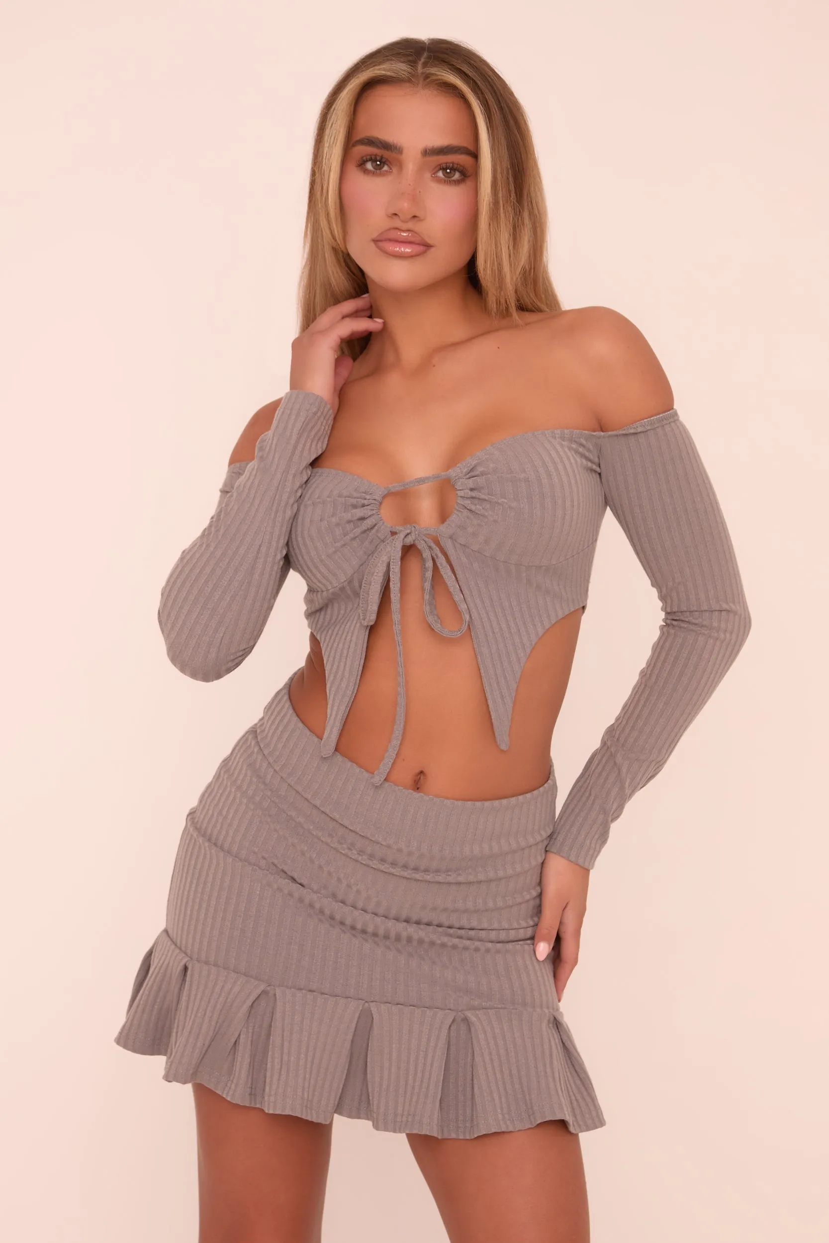 Grey Rib Knit Bardot Cropped Top & Pleat Detail Mini Skirt Co-ord Set - Yancy sold by Rebellious Fashion product image thumbnail 3