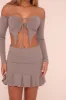 Grey Rib Knit Bardot Cropped Top & Pleat Detail Mini Skirt Co-ord Set - Yancy sold by Rebellious Fashion