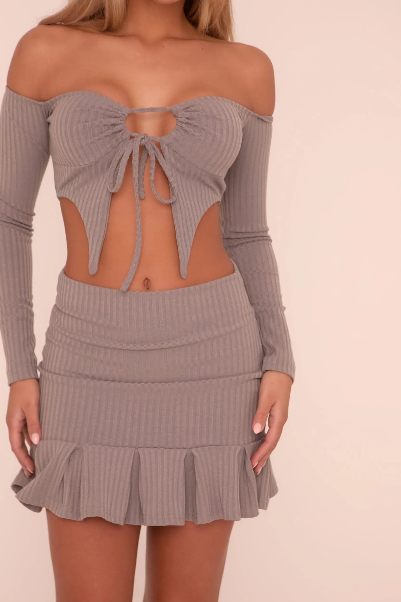 Grey Rib Knit Bardot Cropped Top & Pleat Detail Mini Skirt Co-ord Set - Yancy sold by Rebellious Fashion product image thumbnail 4