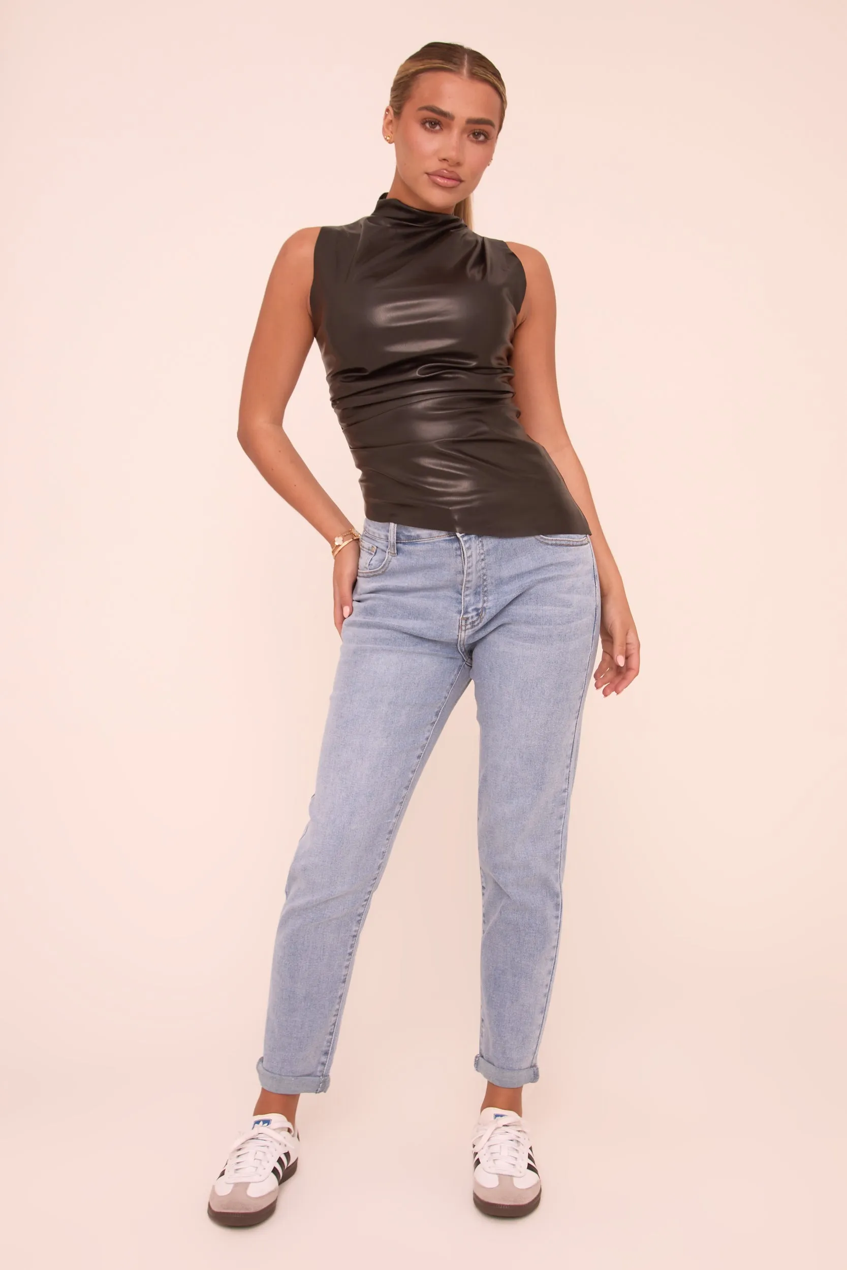 Light Blue Stretch High Waist Turn Up Hem Mom Jeans - Corra sold by Rebellious Fashion product image thumbnail 2