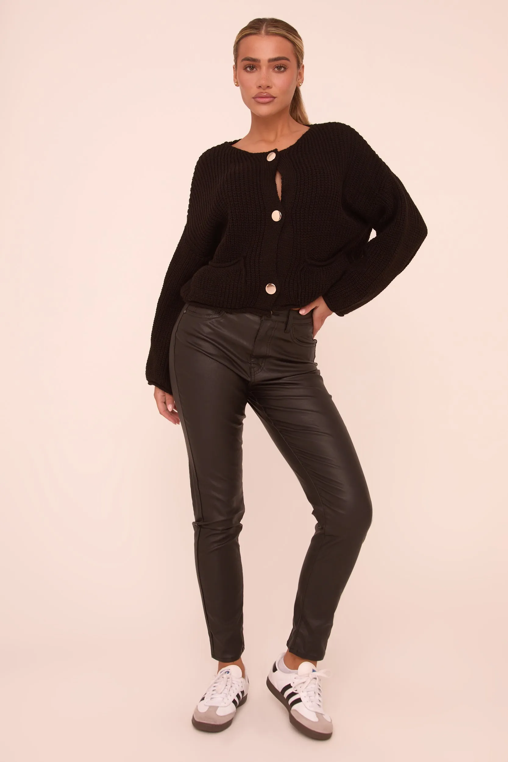 Black Faux Leather Mid Waist Straight Leg Trousers - Deya sold by Rebellious Fashion