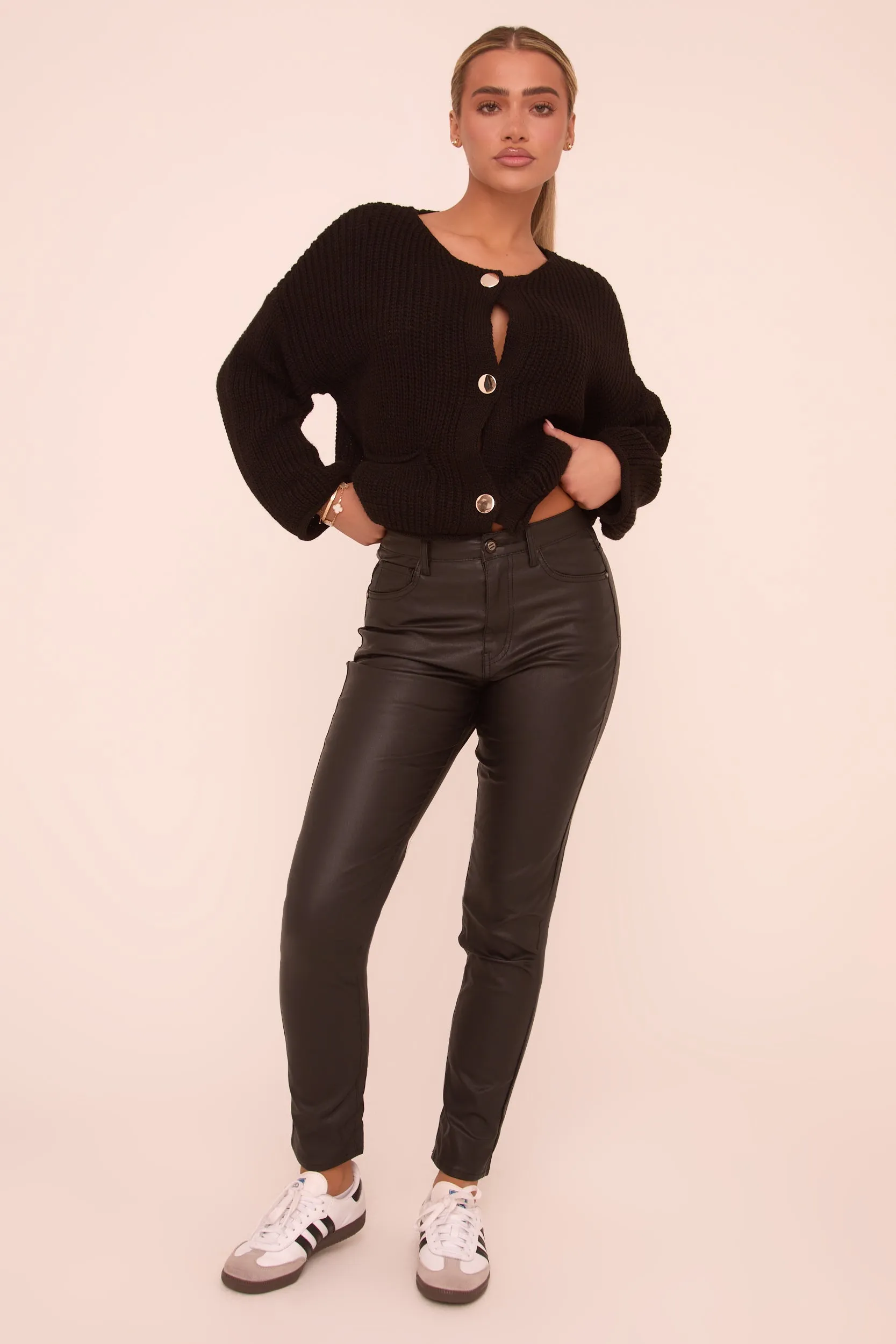 Black Faux Leather Mid Waist Straight Leg Trousers - Deya sold by Rebellious Fashion product image thumbnail 2
