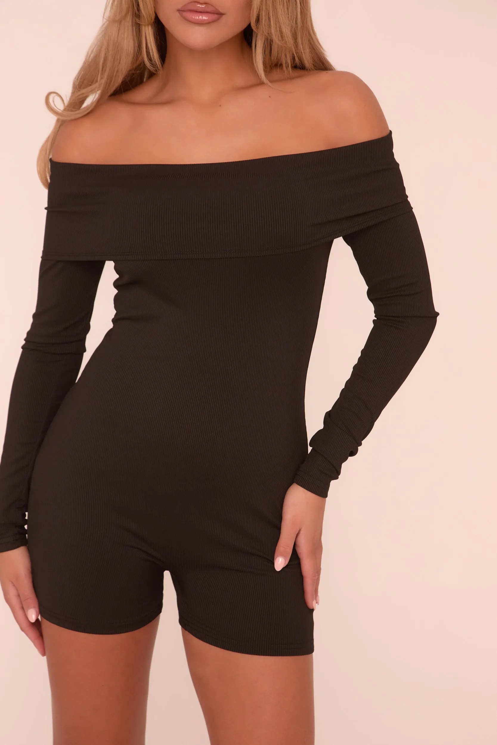 Black Rib Knit Bardot Long Sleeves Playsuit - Amarri sold by Rebellious Fashion product image thumbnail 5