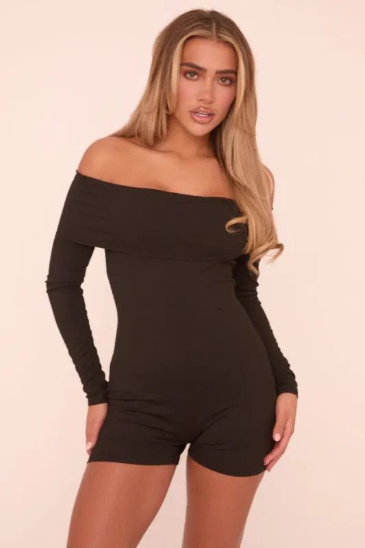 Black Rib Knit Bardot Long Sleeves Playsuit - Amarri sold by Rebellious Fashion