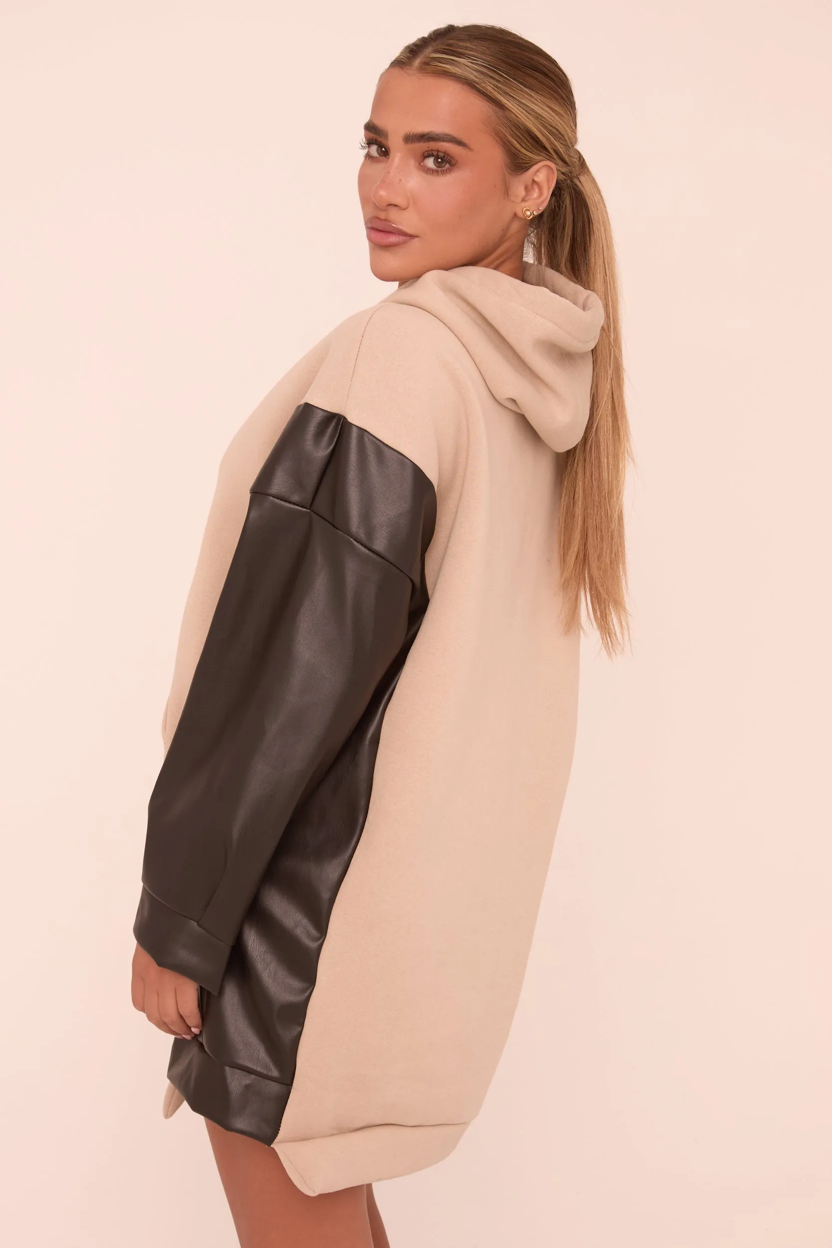 Beige Faux Leather Long Sleeves Hooded Jumper Dress - Kary sold by Rebellious Fashion product image thumbnail 5