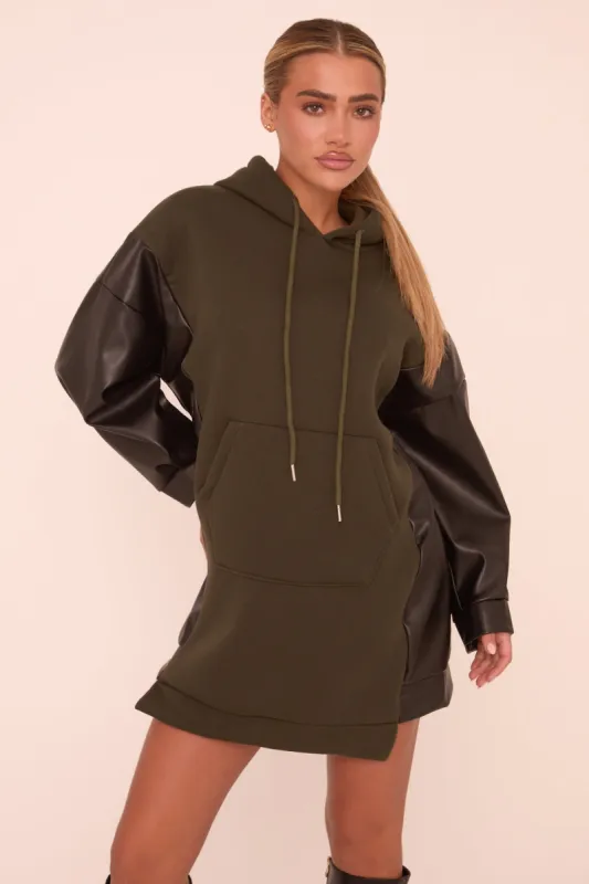 Khaki Faux Leather Long Sleeves Hooded Jumper Dress - Kary sold by Rebellious Fashion