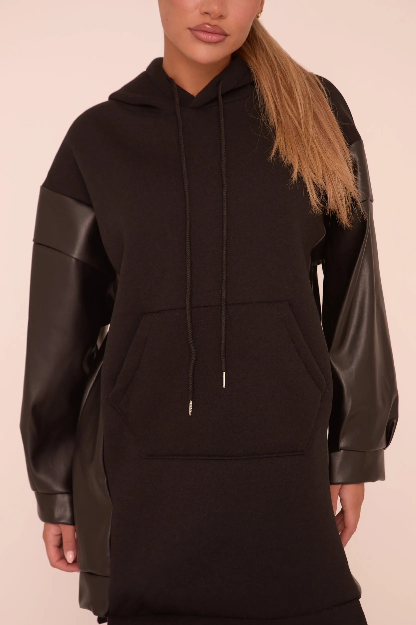 Black Faux Leather Long Sleeves Hooded Jumper Dress - Kary sold by Rebellious Fashion product image thumbnail 4