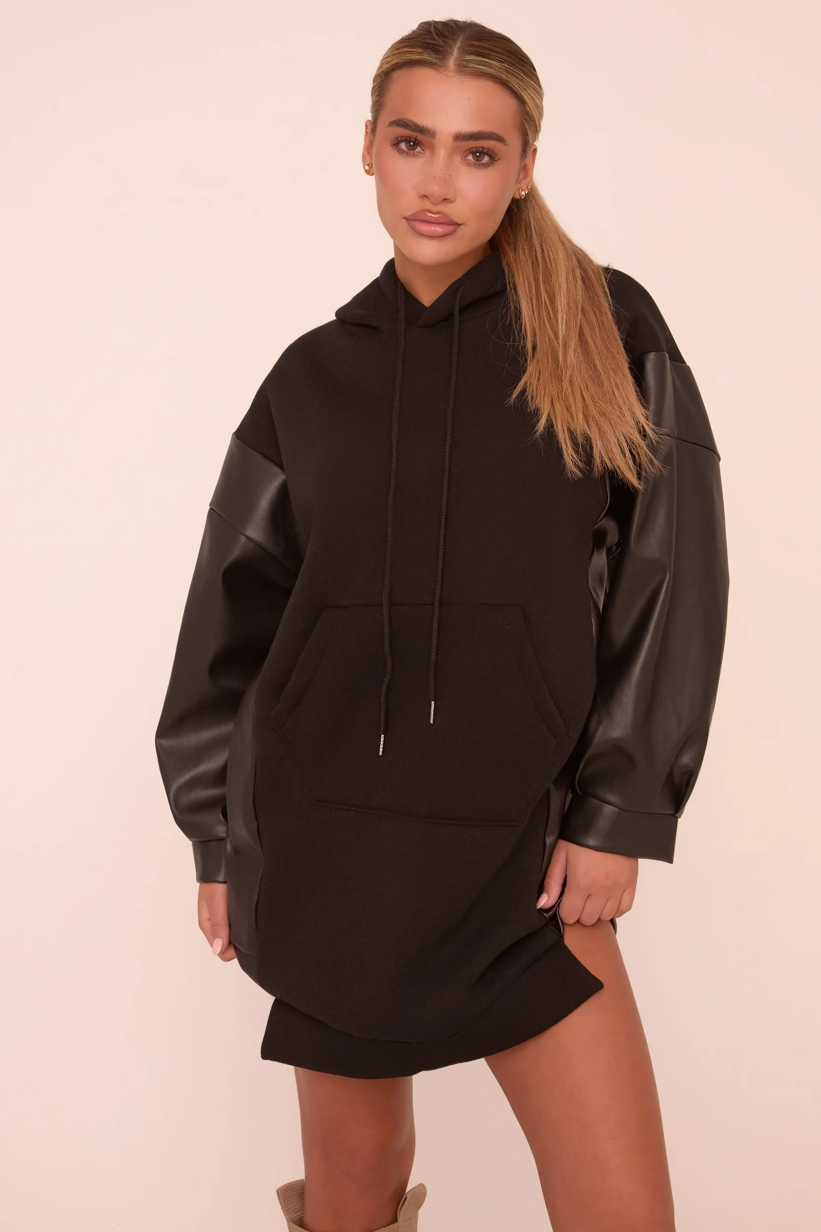 Black Faux Leather Long Sleeves Hooded Jumper Dress - Kary sold by Rebellious Fashion