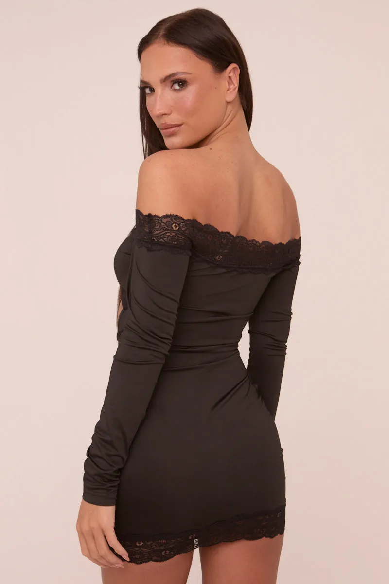 Black Lace Trim Bardot Cut Out Detail Long Sleeves Mini Dress - Nela sold by Rebellious Fashion product image thumbnail 5