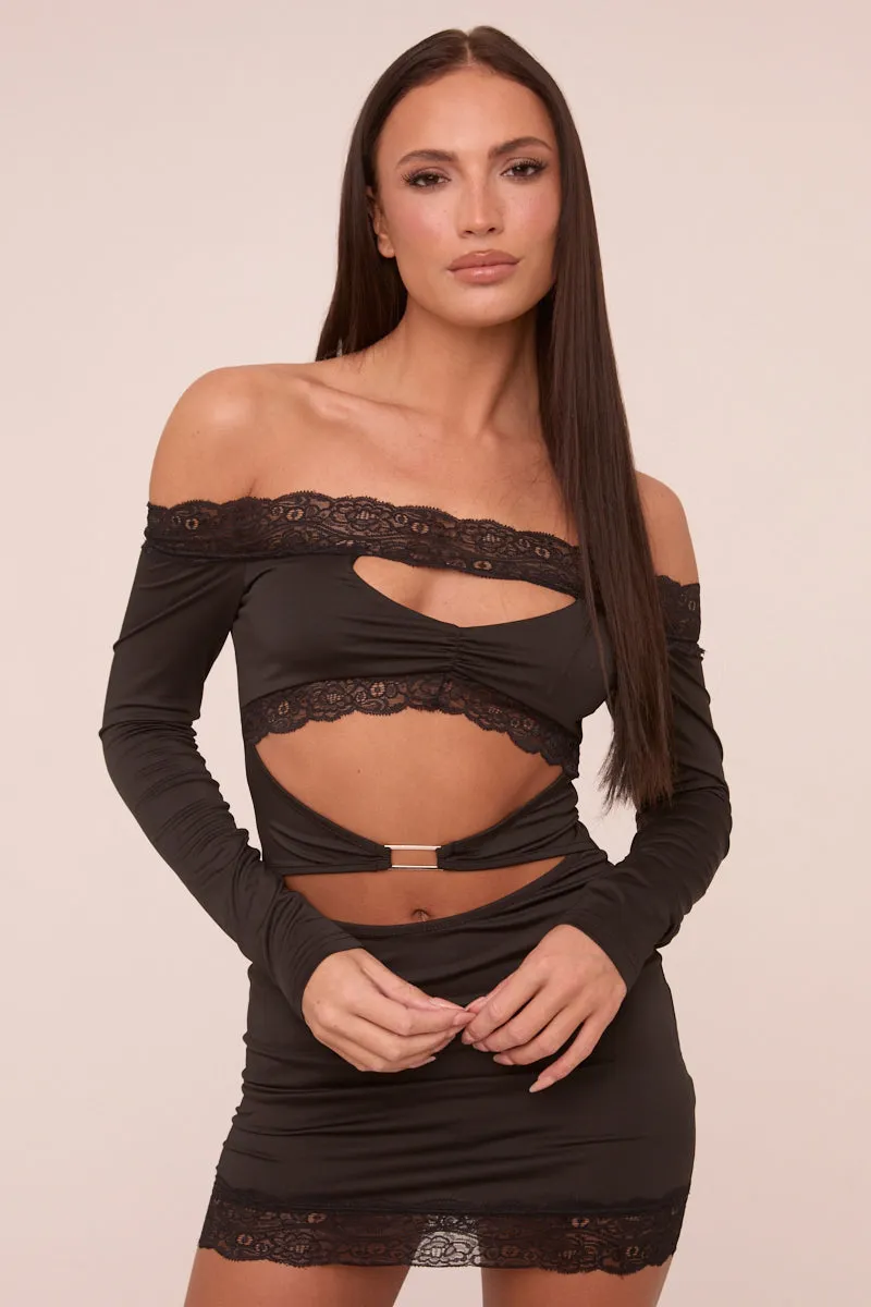 Black Lace Trim Bardot Cut Out Detail Long Sleeves Mini Dress - Nela sold by Rebellious Fashion product image thumbnail 3