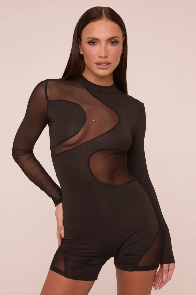 Black Mesh Panel High Neck Long Sleeves Playsuit - Adelaine sold by Rebellious Fashion product image thumbnail 3