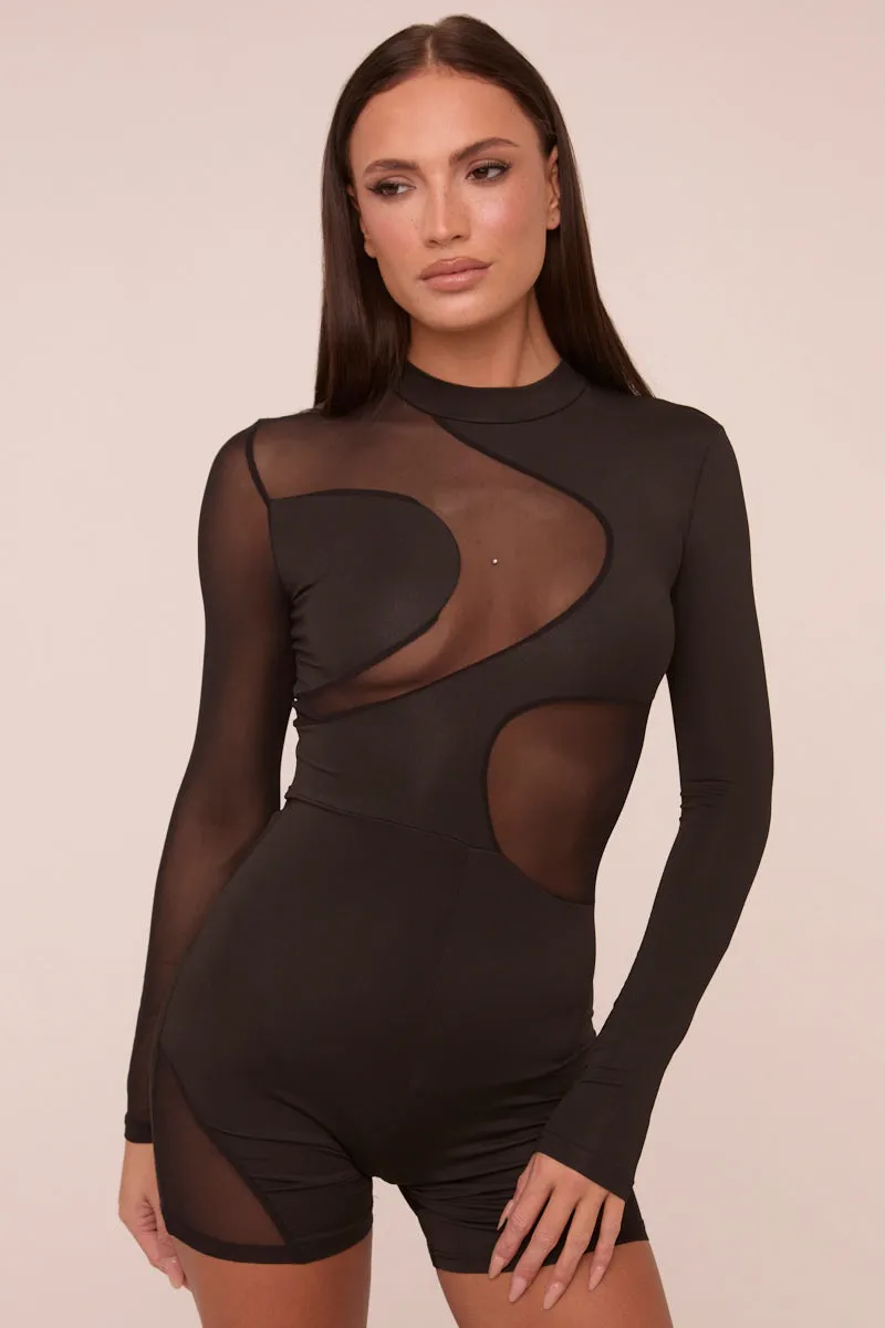 Black Mesh Panel High Neck Long Sleeves Playsuit - Adelaine sold by Rebellious Fashion