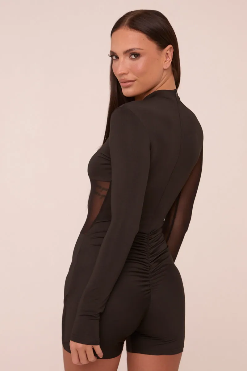Black Mesh Panel High Neck Long Sleeves Playsuit - Adelaine sold by Rebellious Fashion product image thumbnail 5