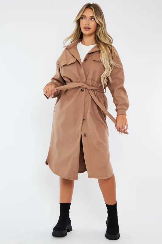 Camel Longline Belted Pocket Front Shacket - Henslee sold by Rebellious Fashion