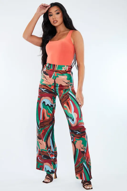 Multi Abstract Print Satin Wide Leg Trouser - Maise sold by Rebellious Fashion