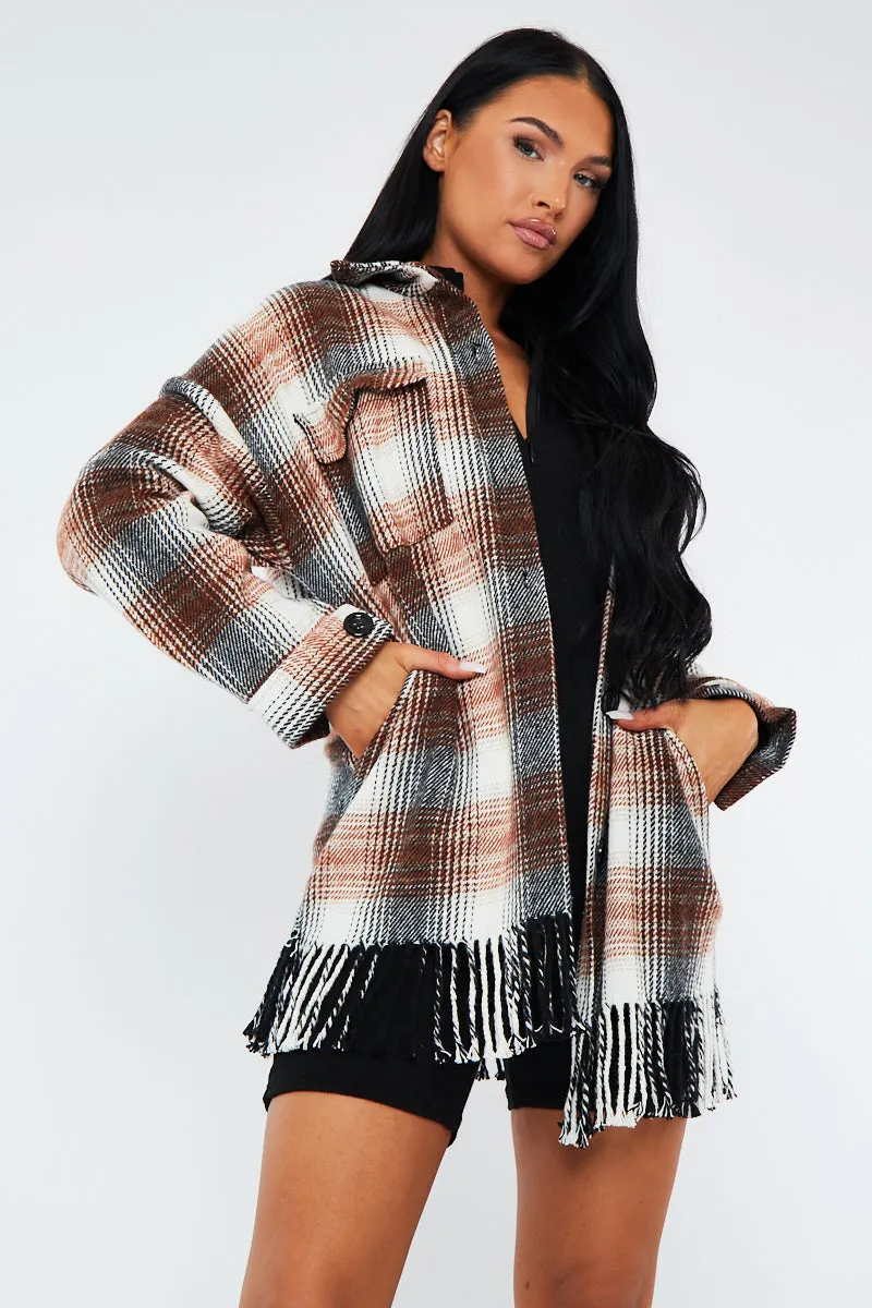 Brown Checked Fringe Detail Shacket - Iyana sold by Rebellious Fashion