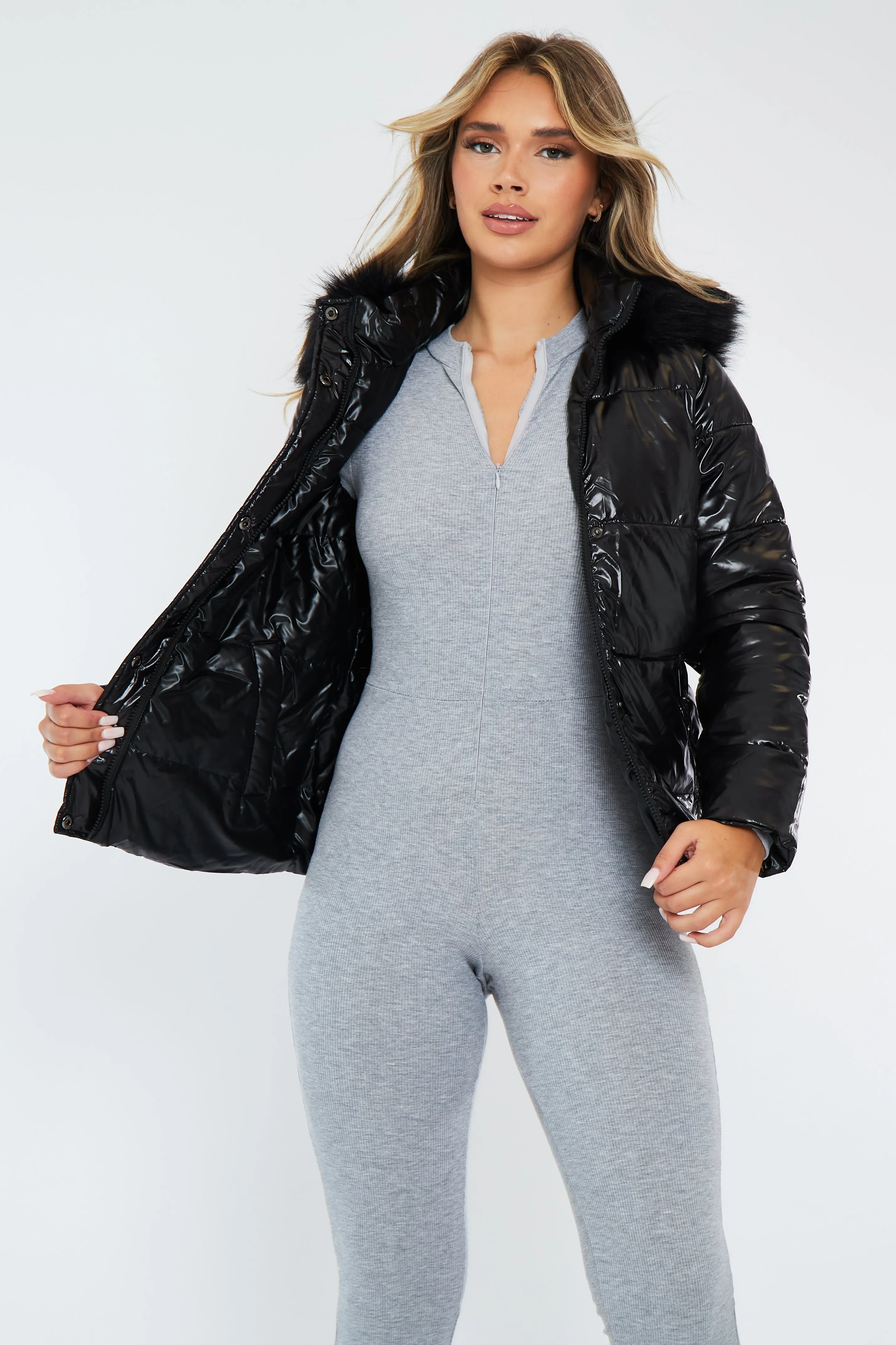 Black Wet Look Reversible Fur Hood Puffer Jacket - Zadie sold by Rebellious Fashion