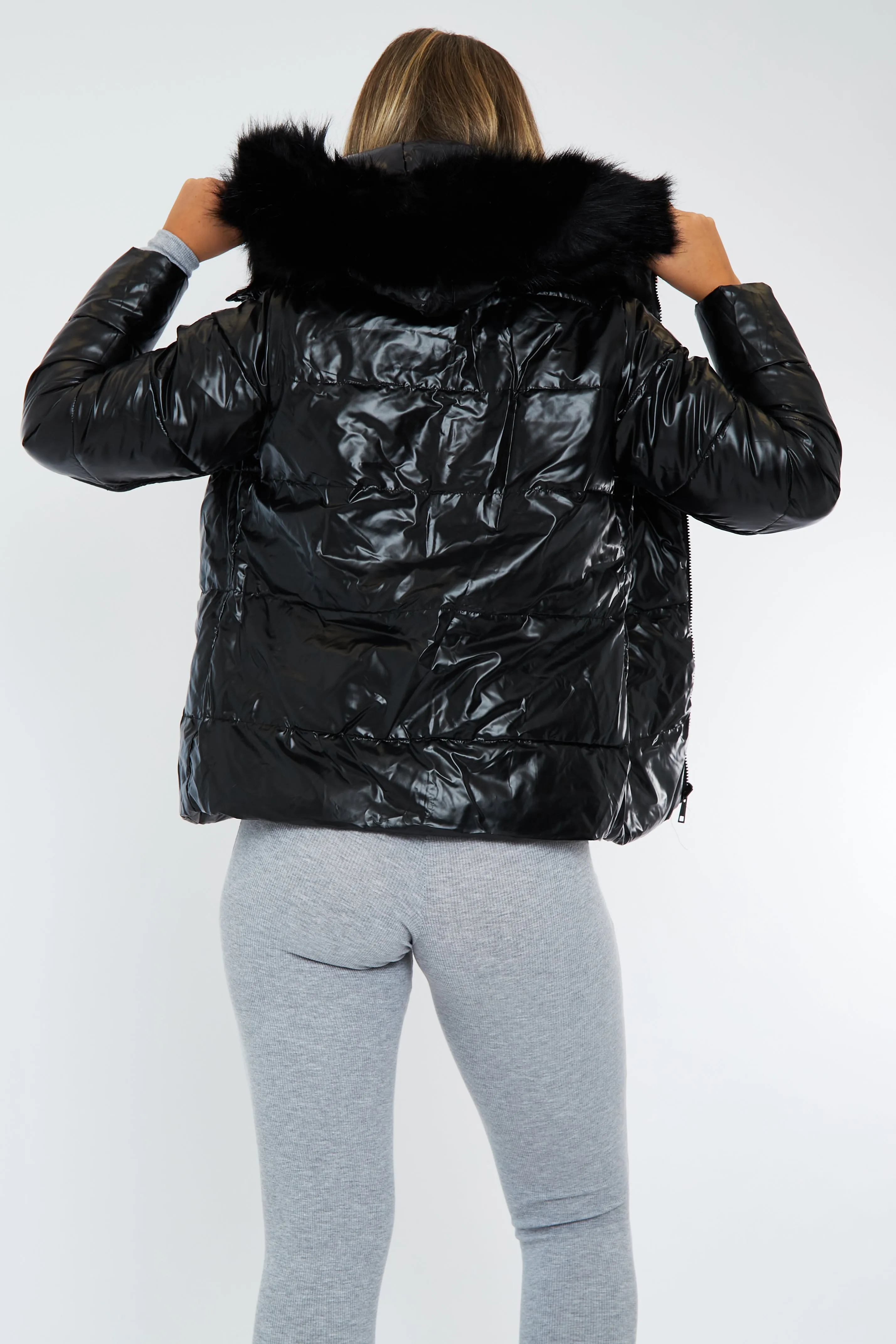 Black Wet Look Reversible Fur Hood Puffer Jacket - Zadie sold by Rebellious Fashion product image thumbnail 3