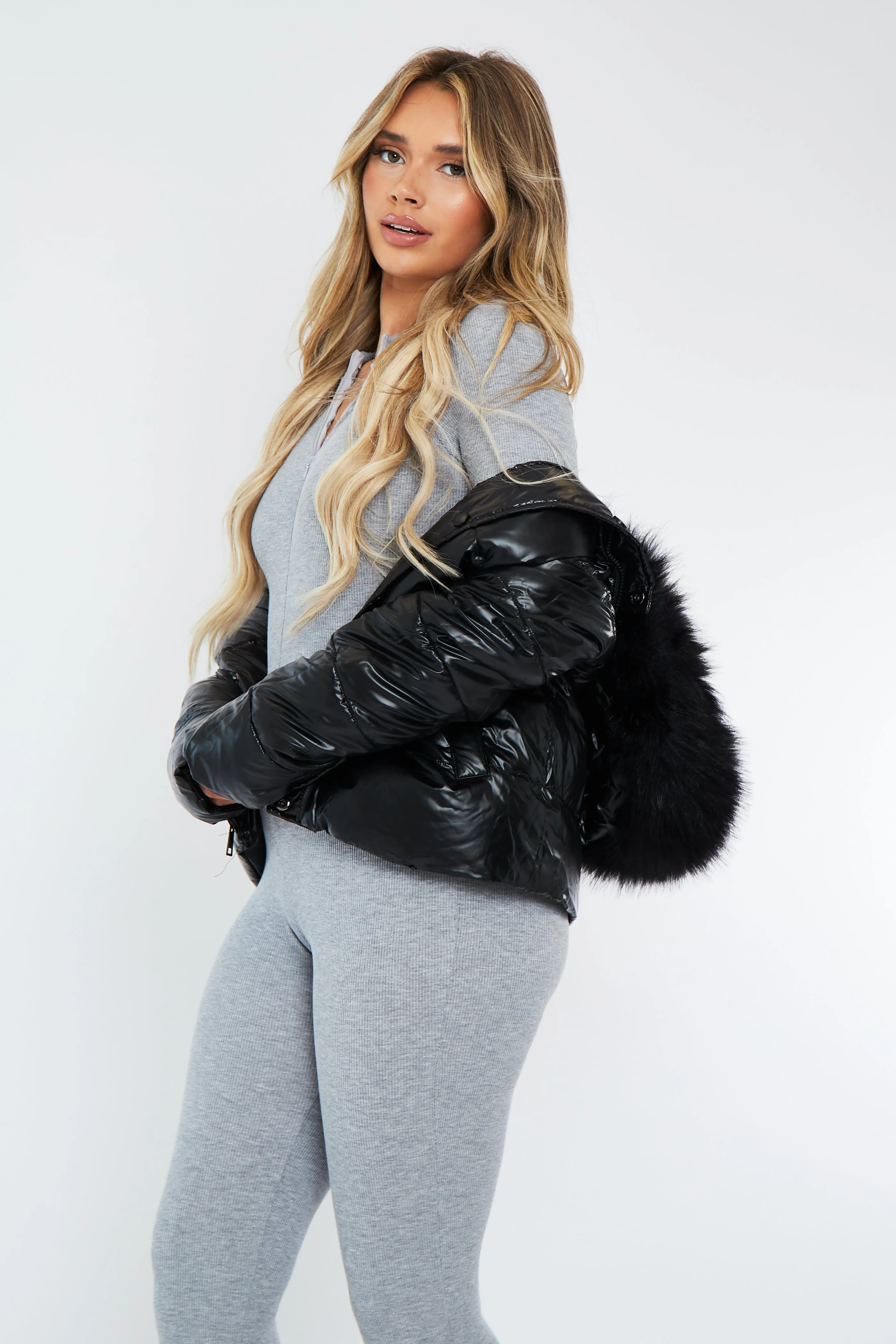 Black Wet Look Reversible Fur Hood Puffer Jacket - Zadie sold by Rebellious Fashion product image thumbnail 4