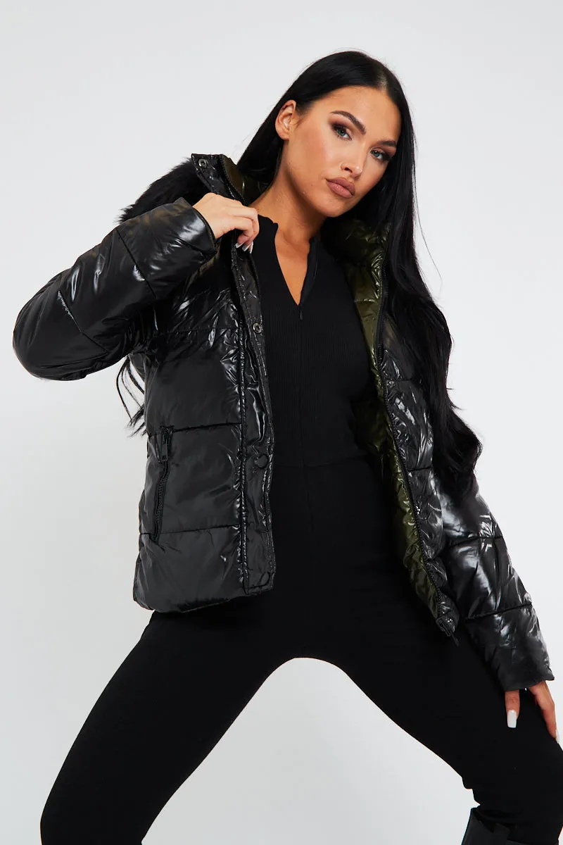 Black Khaki Wet Look Reversible Fur Hood Puffer Jacket - Zadie sold by Rebellious Fashion product image thumbnail 2