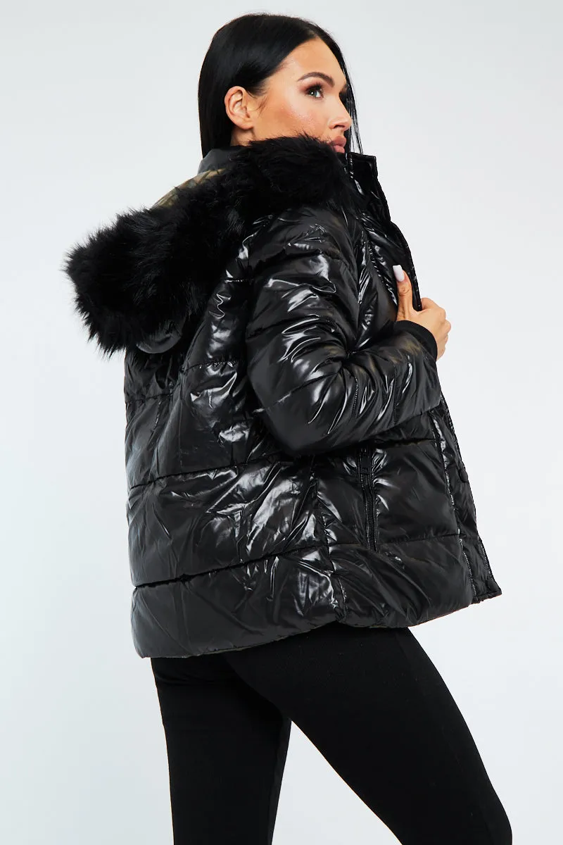Black Khaki Wet Look Reversible Fur Hood Puffer Jacket - Zadie sold by Rebellious Fashion product image thumbnail 4