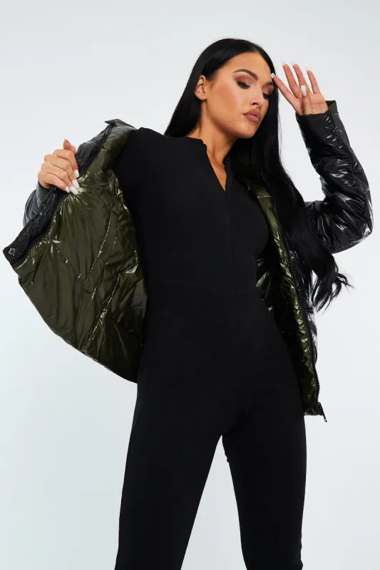 Black Khaki Wet Look Reversible Fur Hood Puffer Jacket - Zadie made by Rebellious Fashion