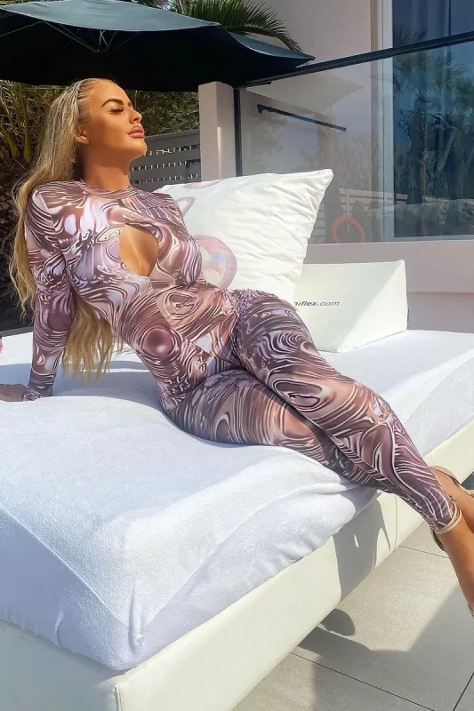 Brown Abstract Print Front Split Long Sleeve Jumpsuit - Hayli sold by Rebellious Fashion