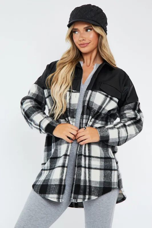 Black Checked Leather Contrast Pocket Front Shacket - Ciana sold by Rebellious Fashion